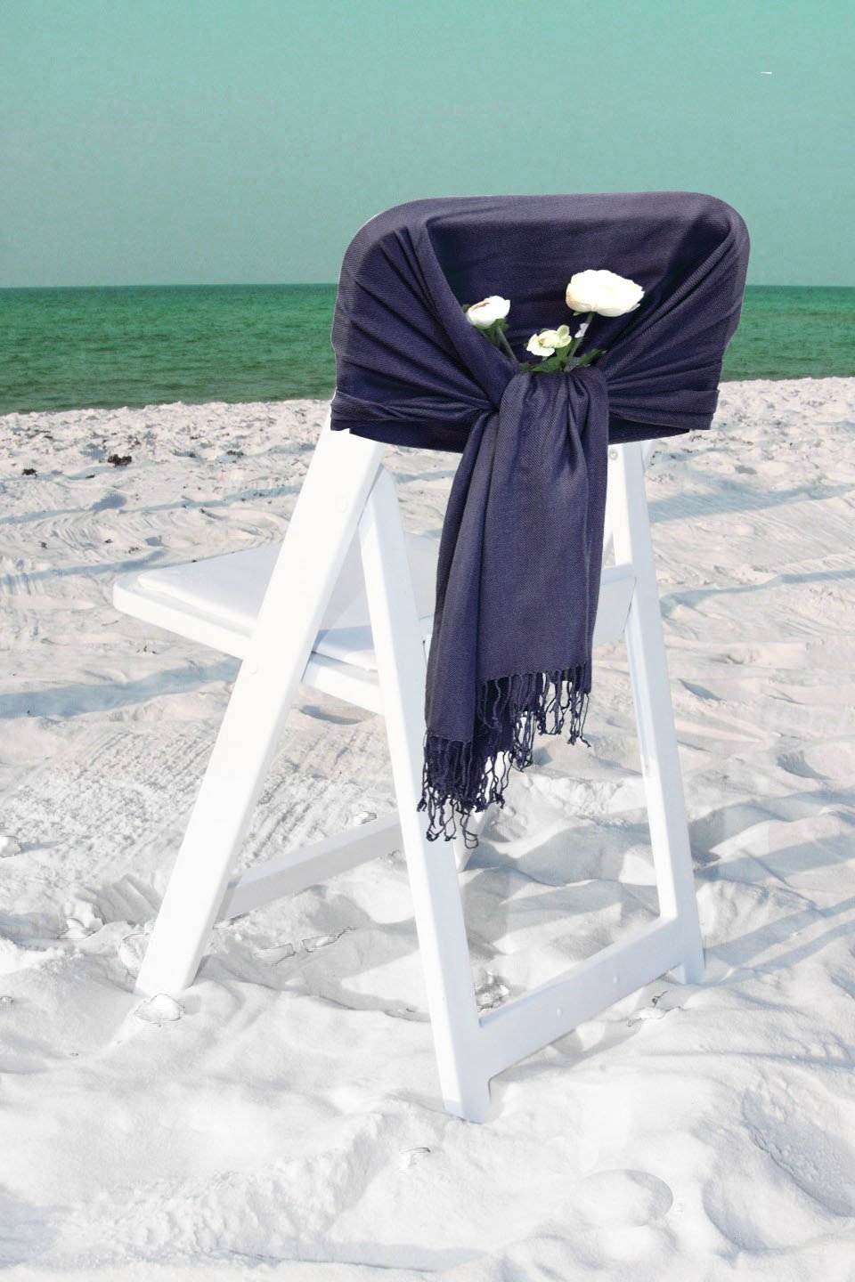 Dark navy silky shawl wrap with draped knot and fringe trim.