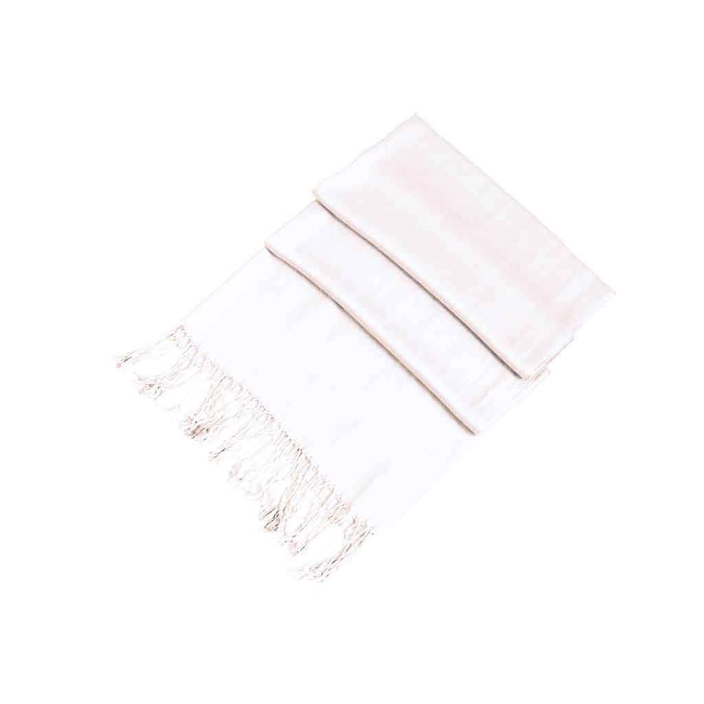 White pashmina-style shawl wrap scarf with light tassel fringe