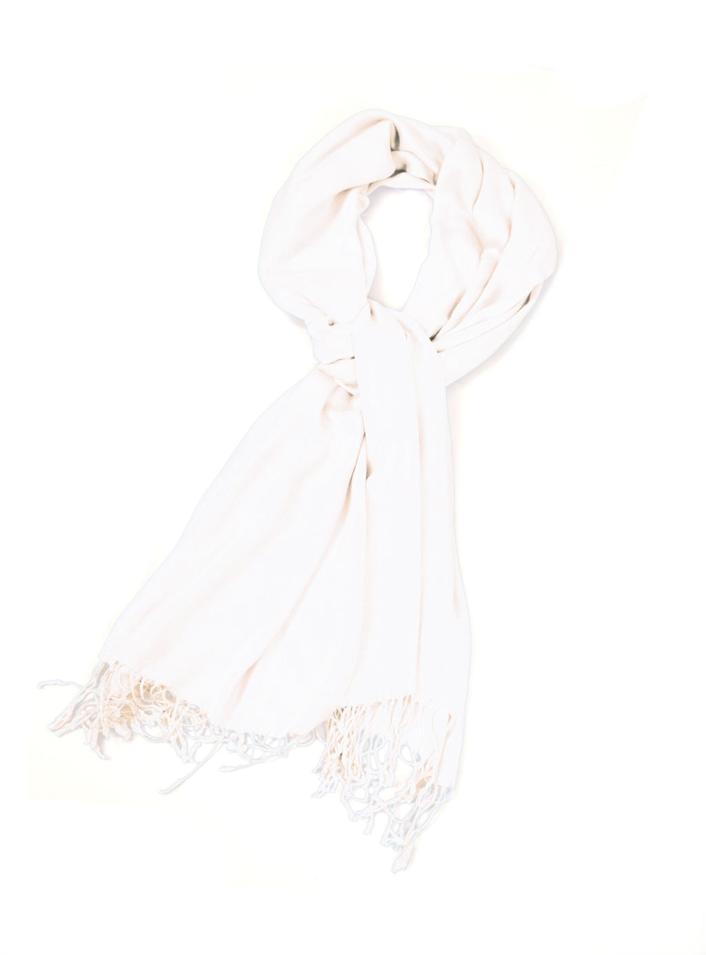 Silky pashmina-style shawl wrap in light ivory, with fringed tassel edges.
