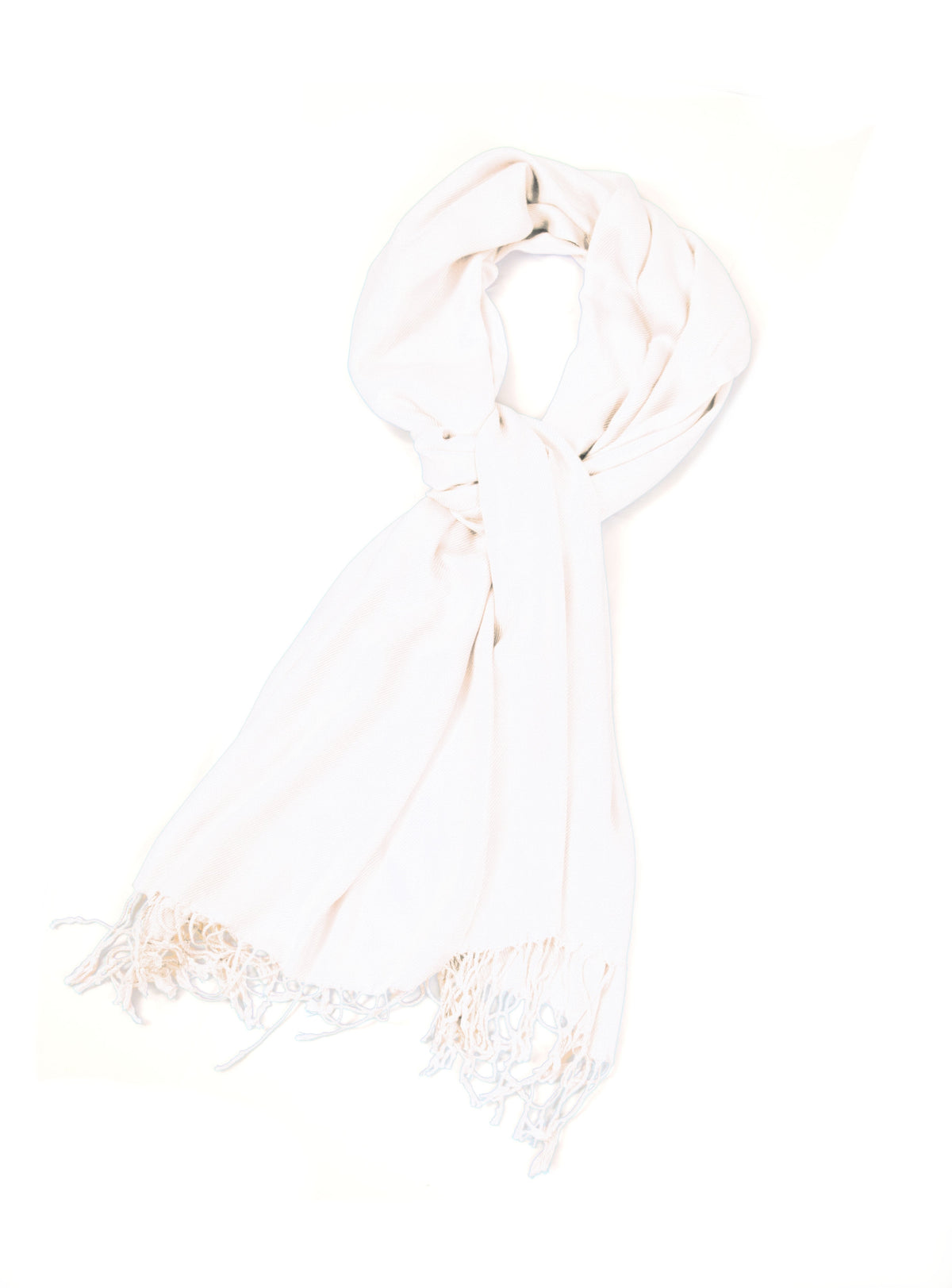 Silky pashmina-style shawl wrap in light ivory, with fringed tassel edges.