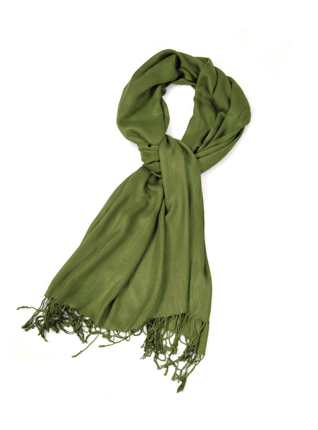Solid olive green pashmina-feel shawl scarf with long fringed ends.