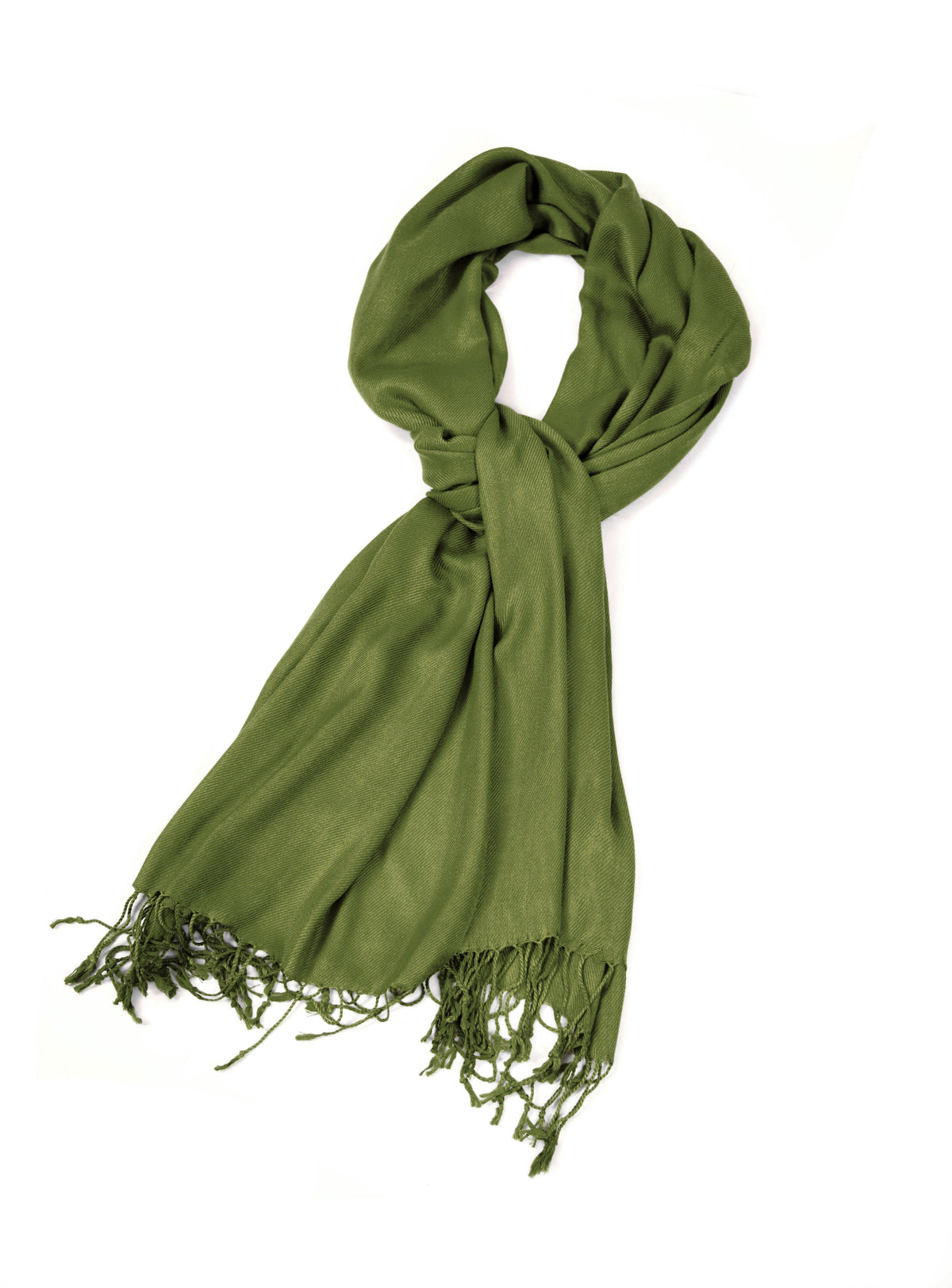 Solid olive green pashmina-feel shawl scarf with long fringed ends.