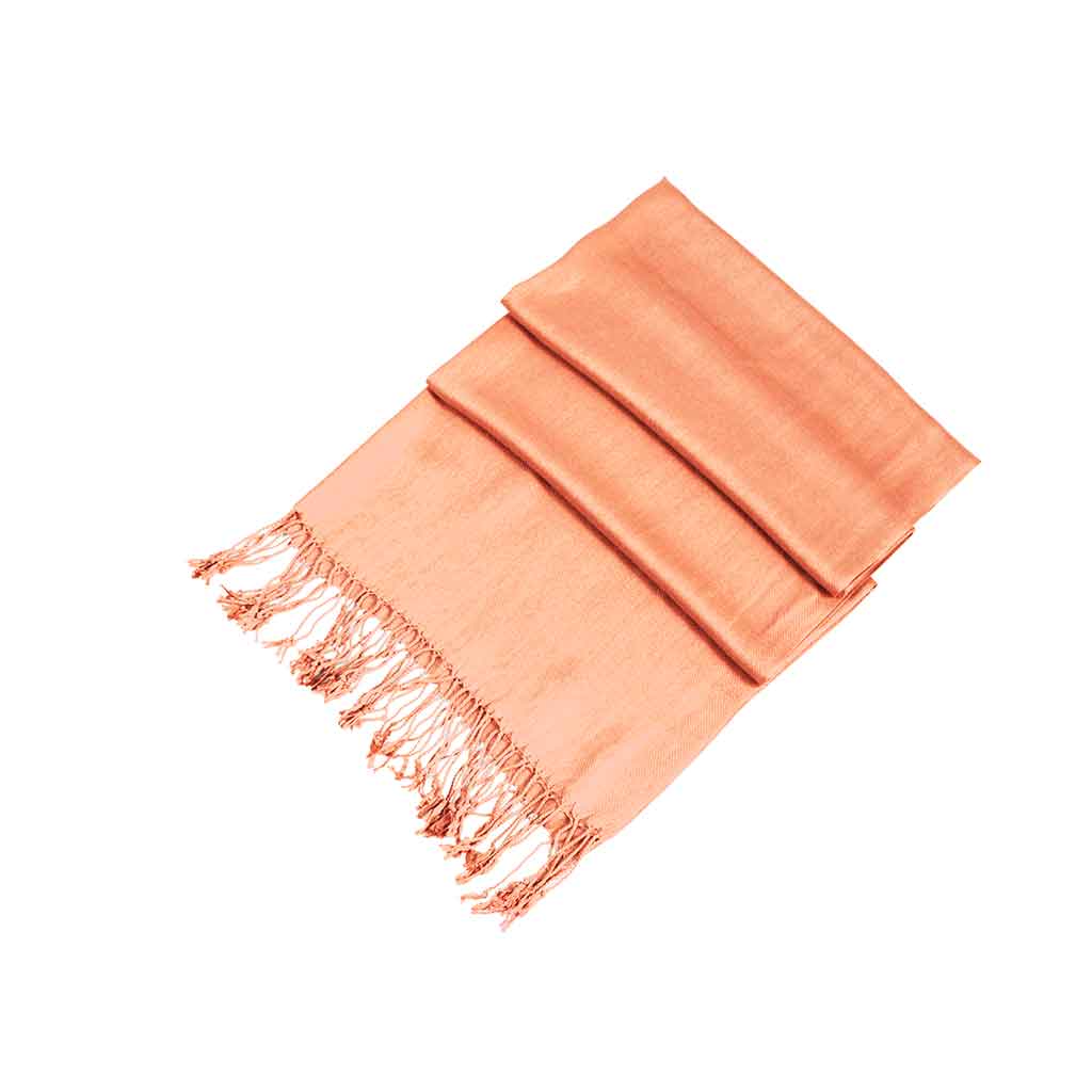 Peach orange pashmina-style shawl with fringed ends, solid color wrap scarf