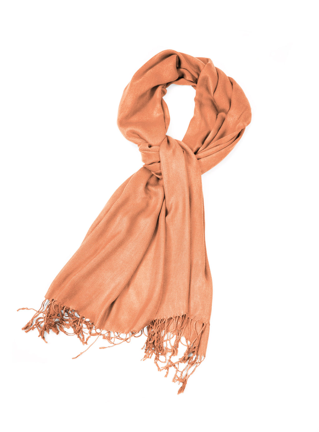 Coral orange pashmina-style shawl with long fringed ends, solid color wrap scarf