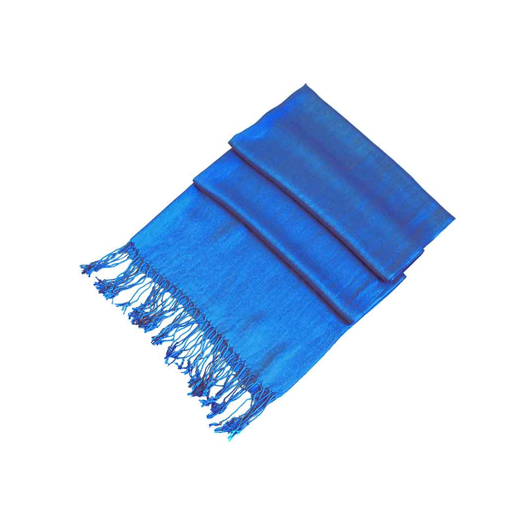 Bright blue pashmina-style scarf with fringed edges and folded drape