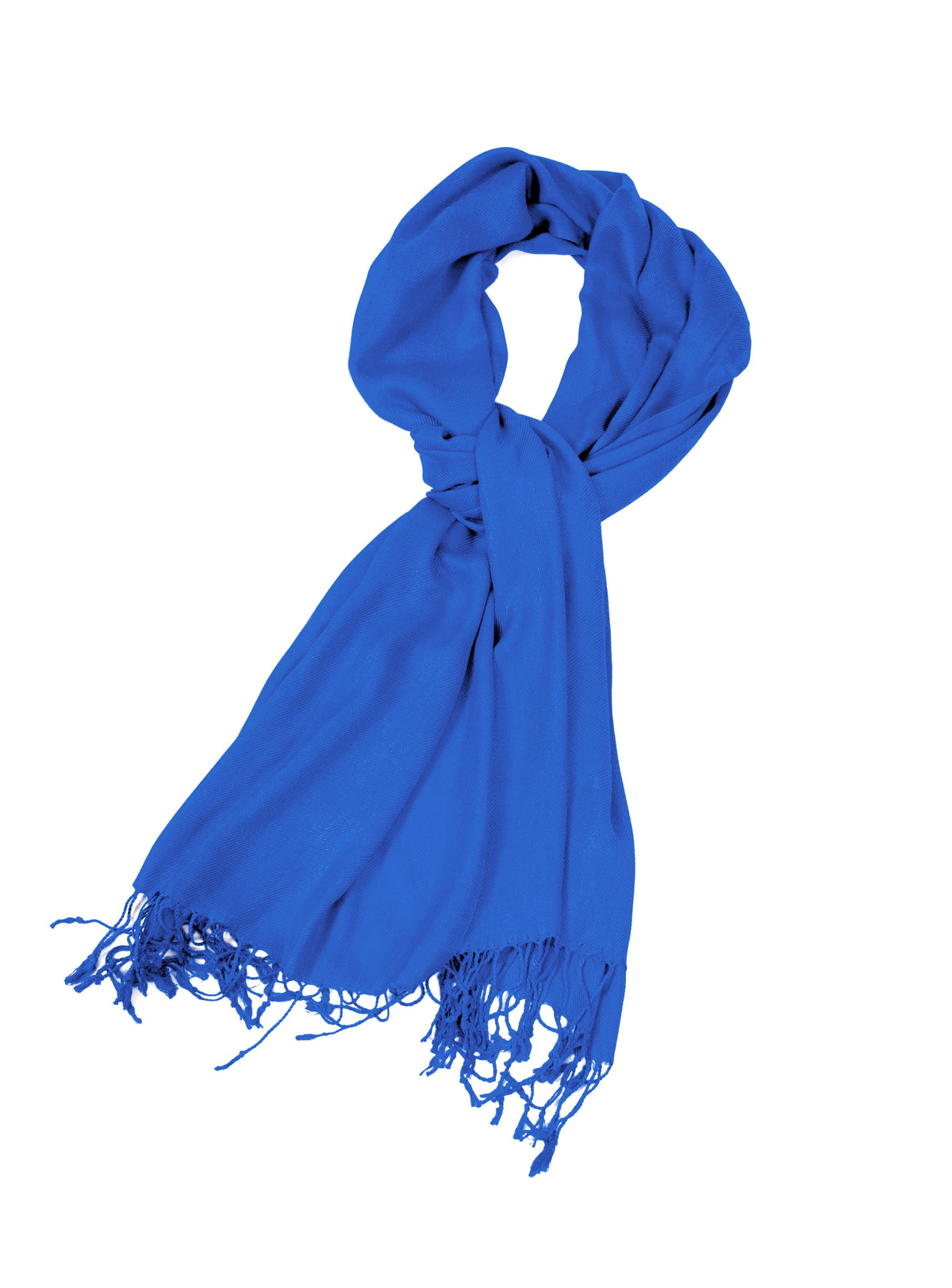 Solid royal blue pashmina-feel shawl scarf with long fringed ends.