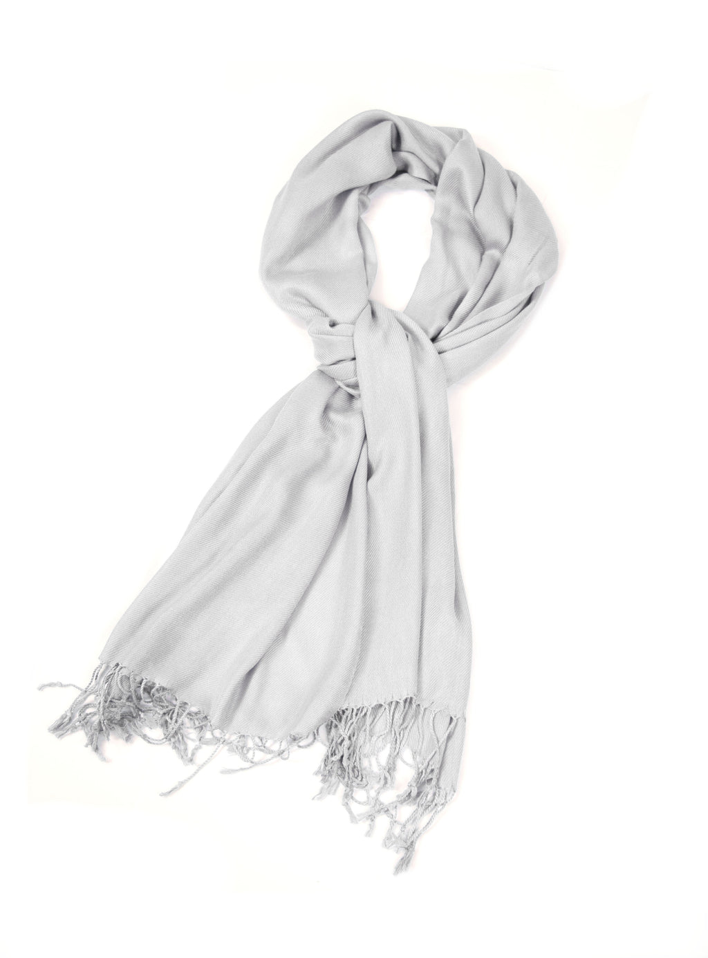 Light grey pashmina-style shawl scarf with draped wrap and fringed ends