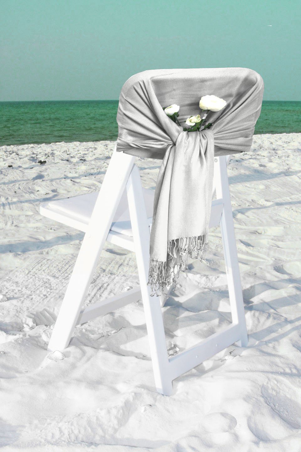 Light grey pashmina-style shawl scarf with draped knot and fringed hem