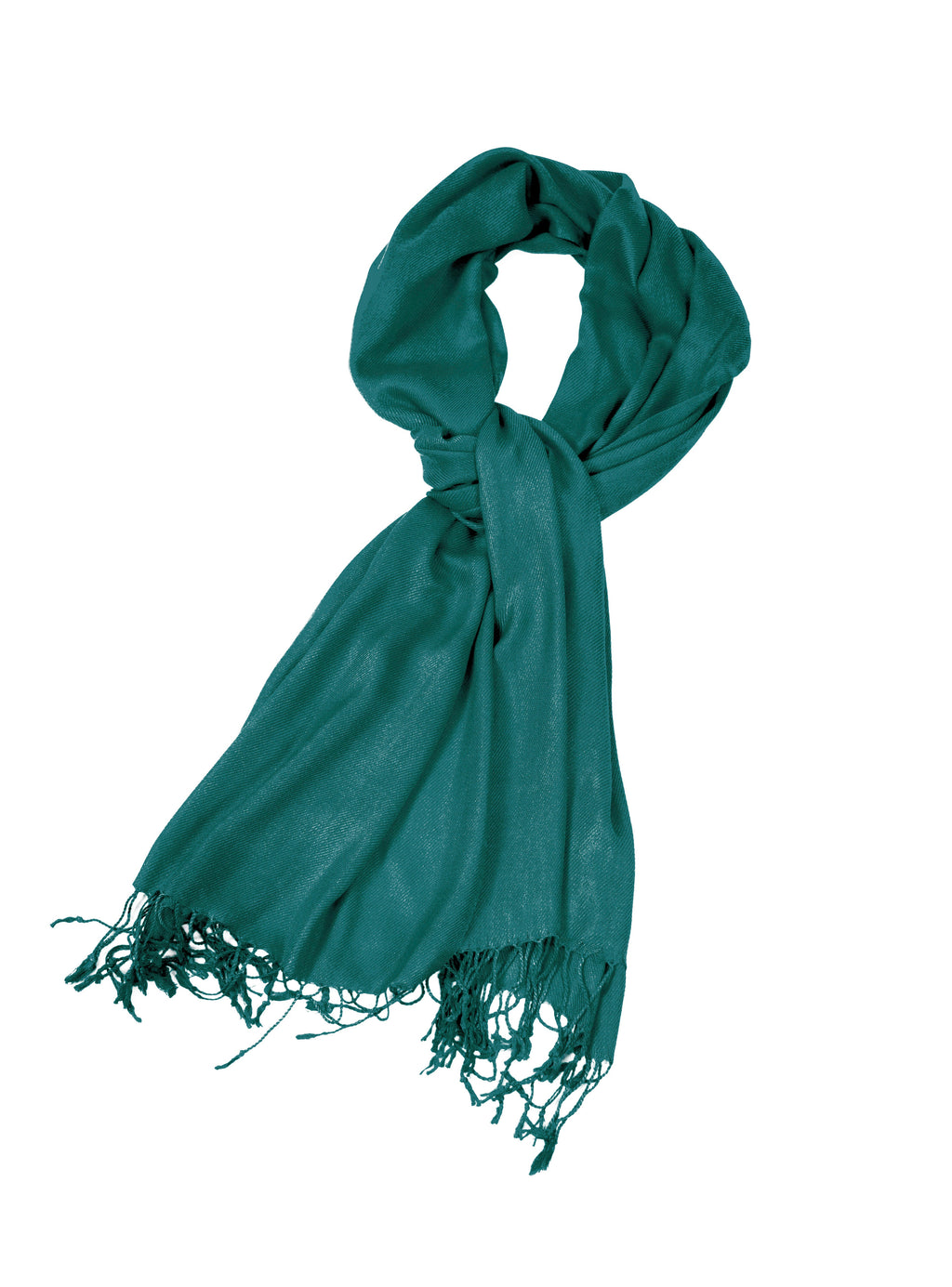Teal green pashmina-style shawl scarf with draped loop and fringed ends
