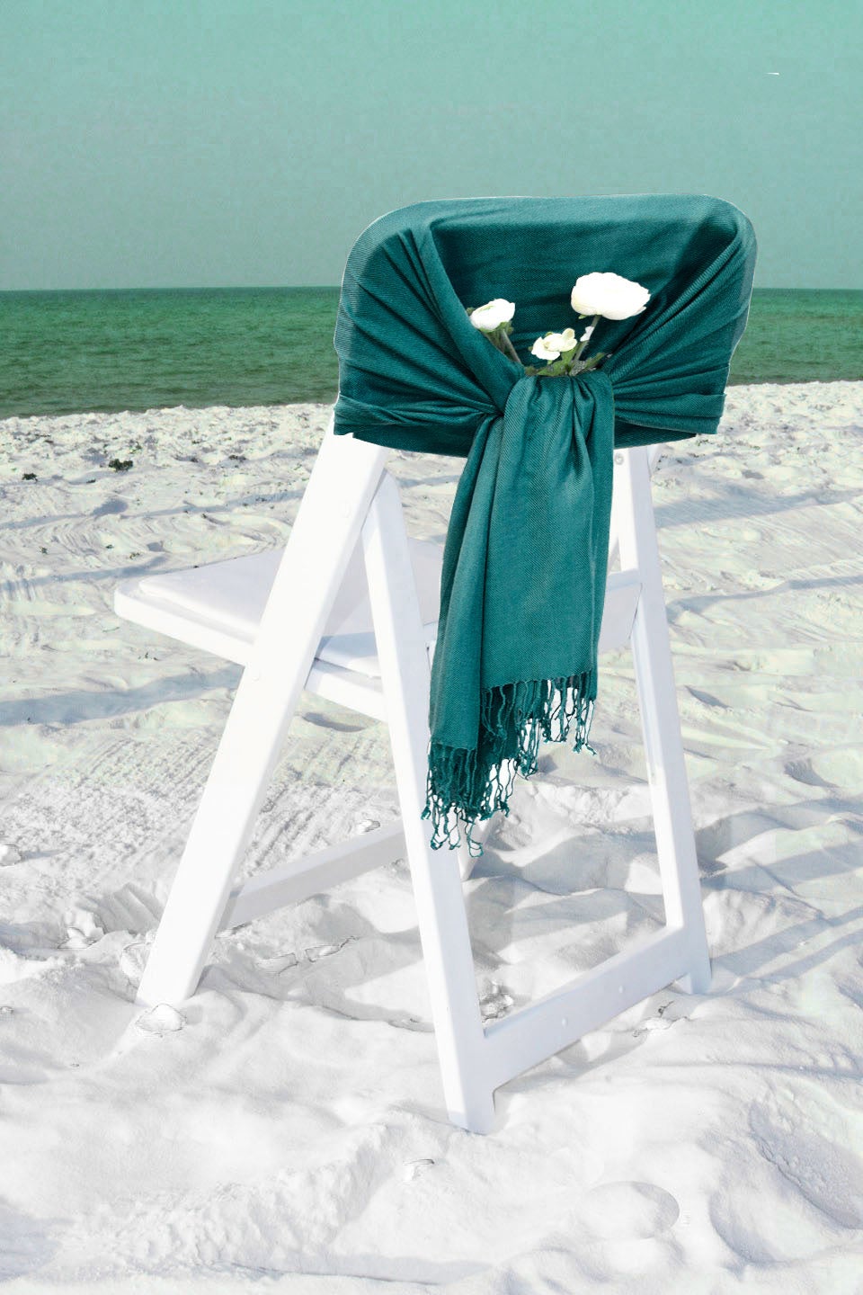Deep teal pashmina-style shawl wrap scarf with fringed ends, solid color.
