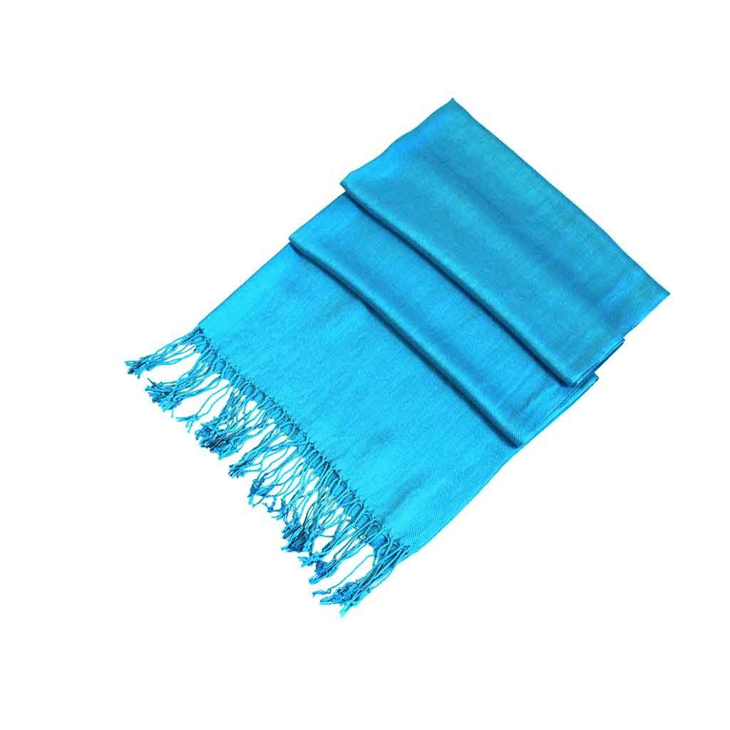 Vivid turquoise pashmina-style shawl wrap scarf with fringed ends, solid color.