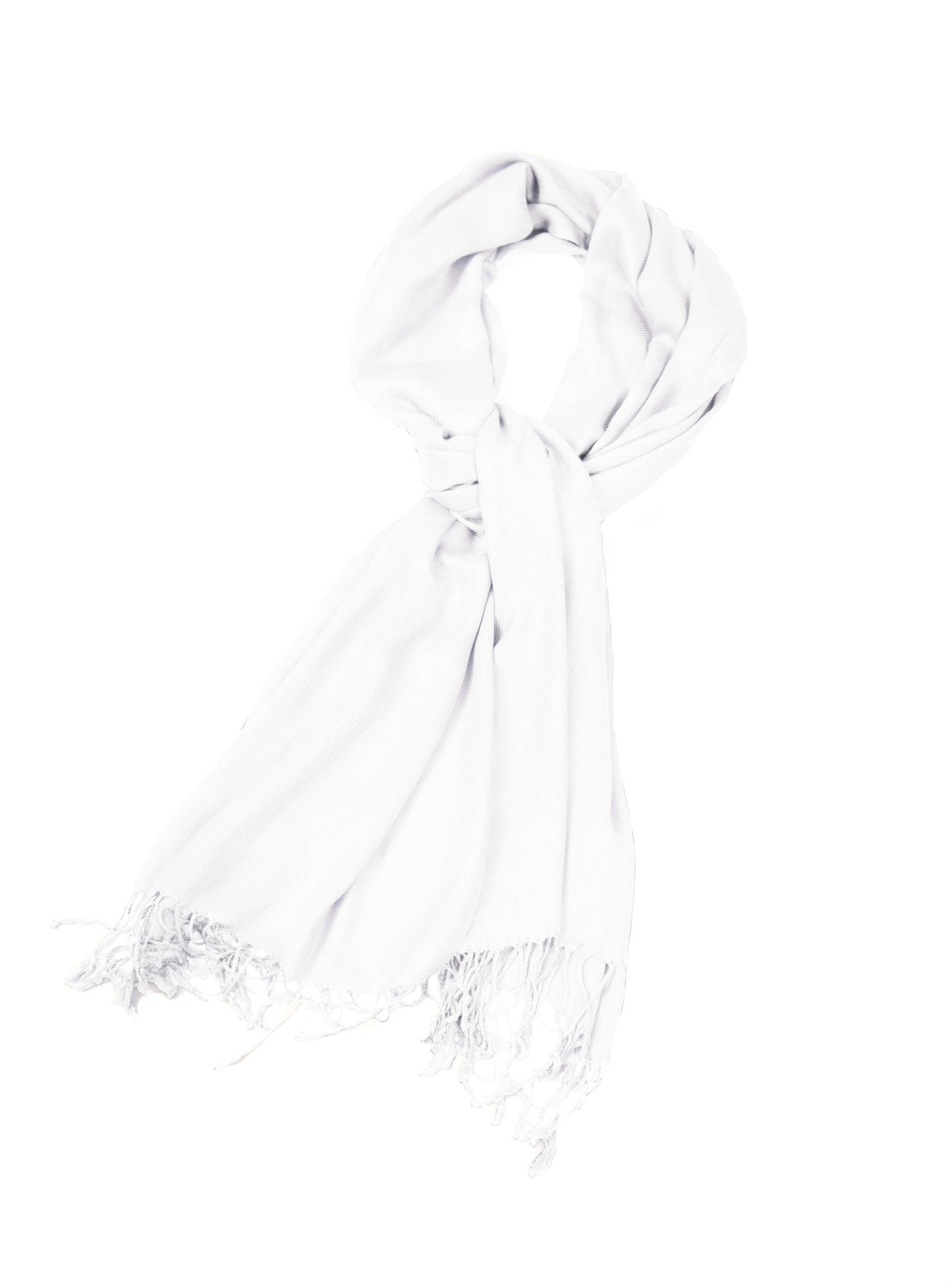 Silky pashmina-style shawl wrap in white, solid with delicate fringe tassel ends.