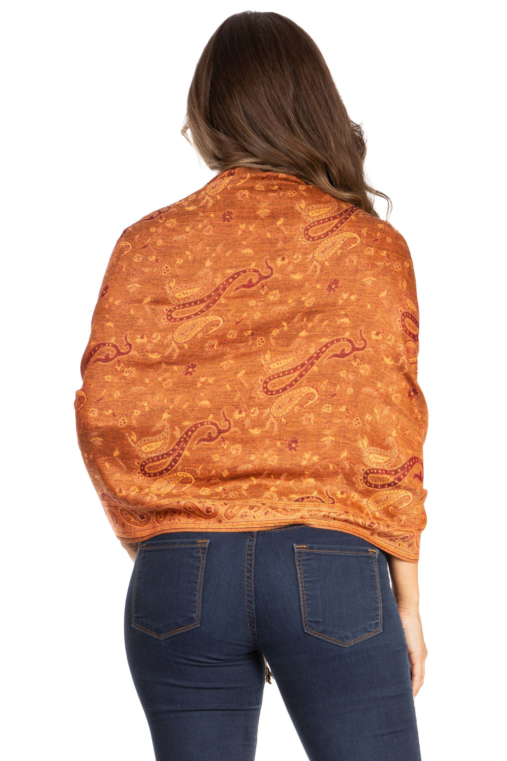Sakkas double-layer paisley pashmina shawl in rust-brown with tassel fringe, back view