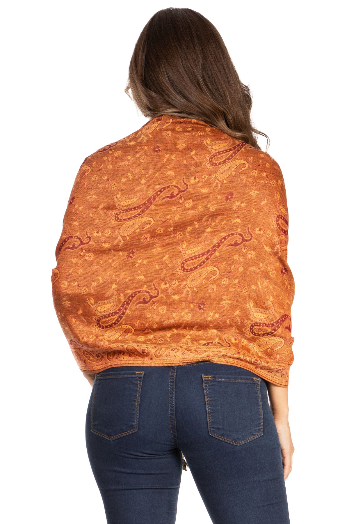 Sakkas double-layer paisley pashmina shawl in rust-brown with tassel fringe, back view