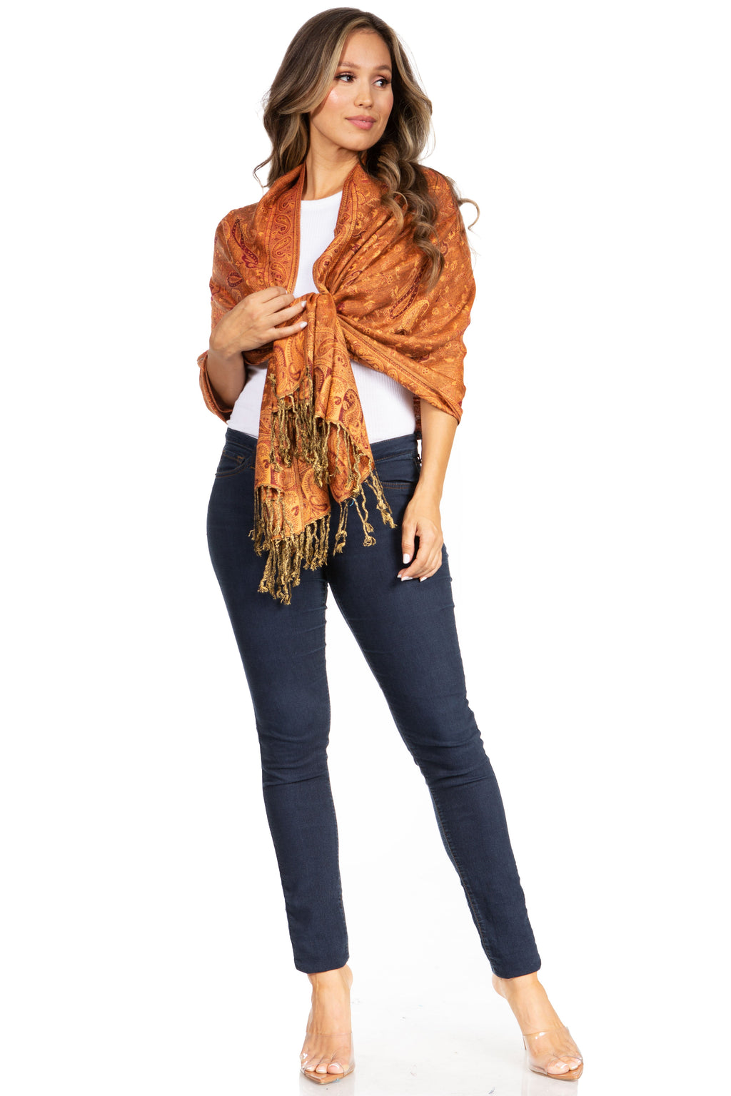 Sakkas double-layer paisley pashmina shawl in rust-brown with tassel fringe, front wear