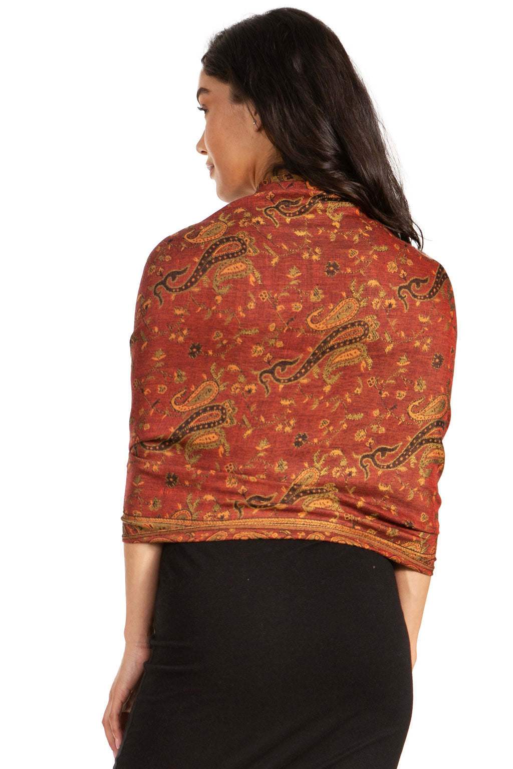 Sakkas double-layer paisley pashmina shawl in rust-brown with tassel fringe, back drape