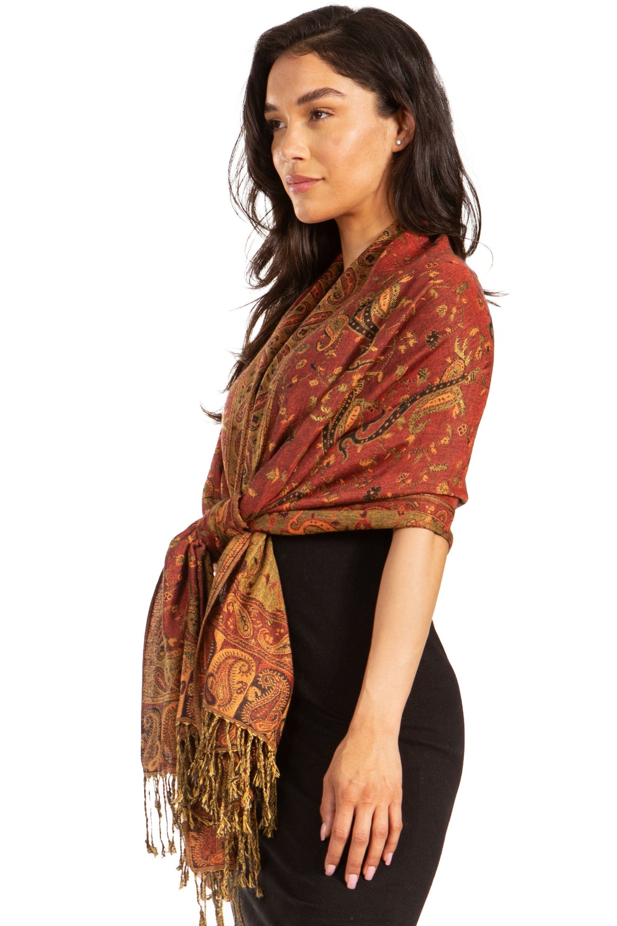 Sakkas double-layer paisley pashmina shawl in rust-brown with tassel fringe, side drape