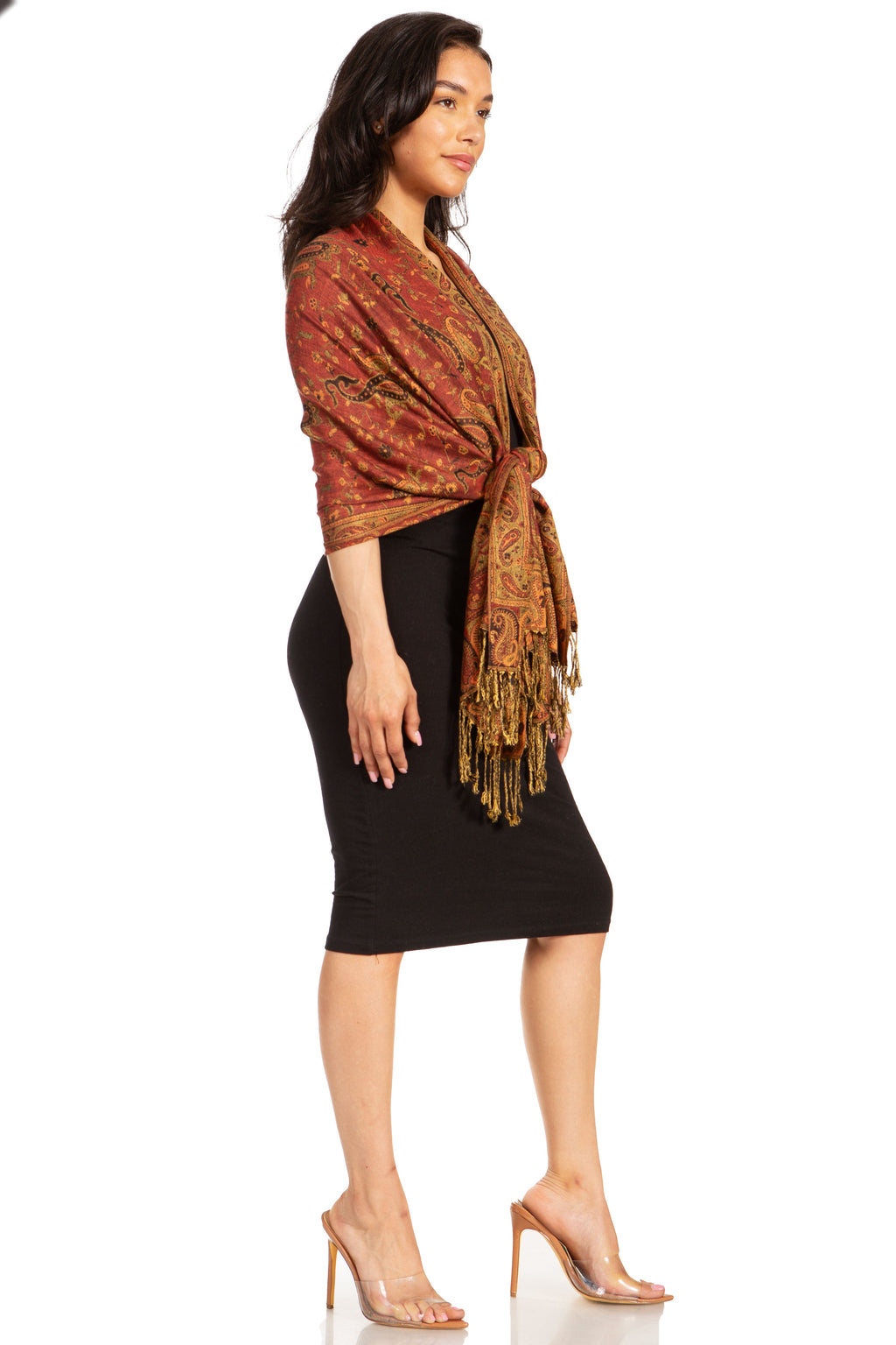 Sakkas double-layer paisley pashmina shawl in rust-brown with tassel fringe, tied at waist