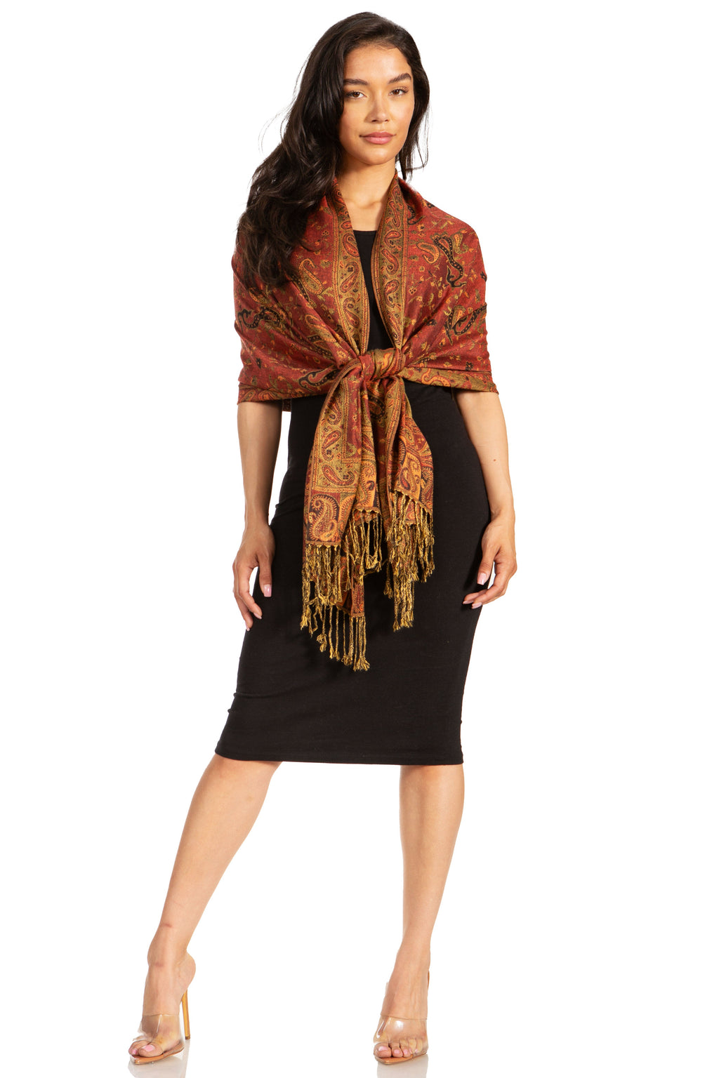 Sakkas double-layer paisley pashmina shawl in rust-brown with tassel fringe, front drape