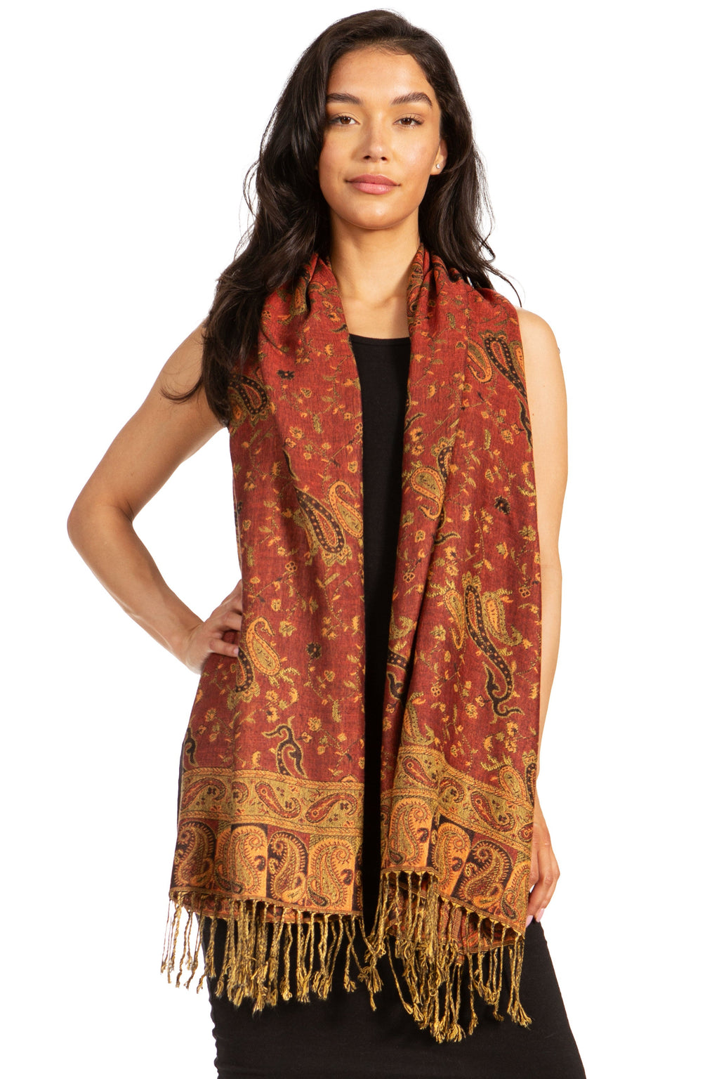 Sakkas double-layer paisley pashmina shawl in rust-brown with tassel fringe, open front