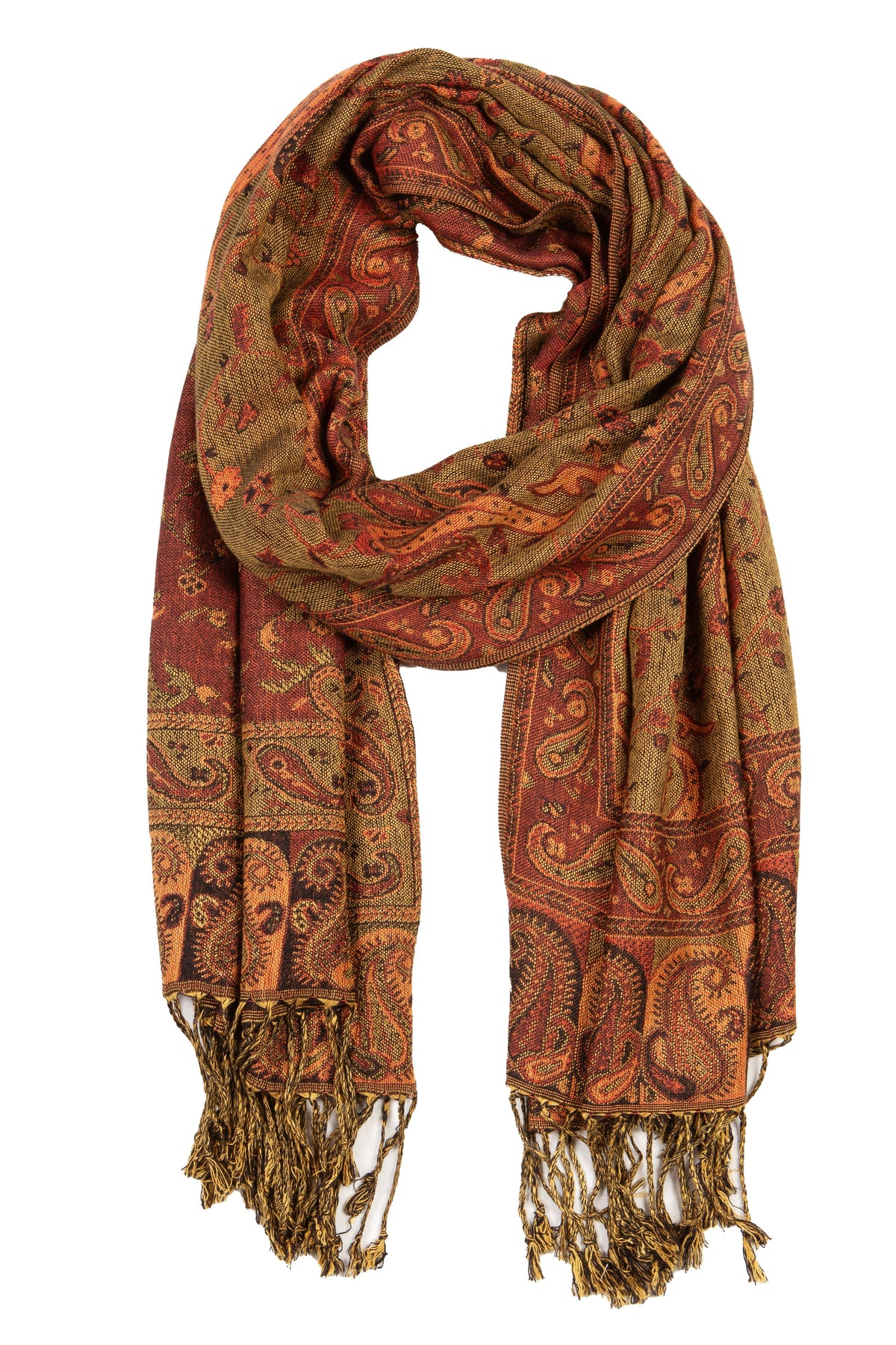 Sakkas paisley pashmina shawl with tassel fringe, rust and olive mix, folded loop view