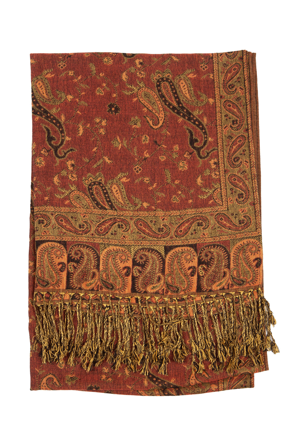 Sakkas paisley pashmina shawl, rust-brown with tassel fringe along the hem