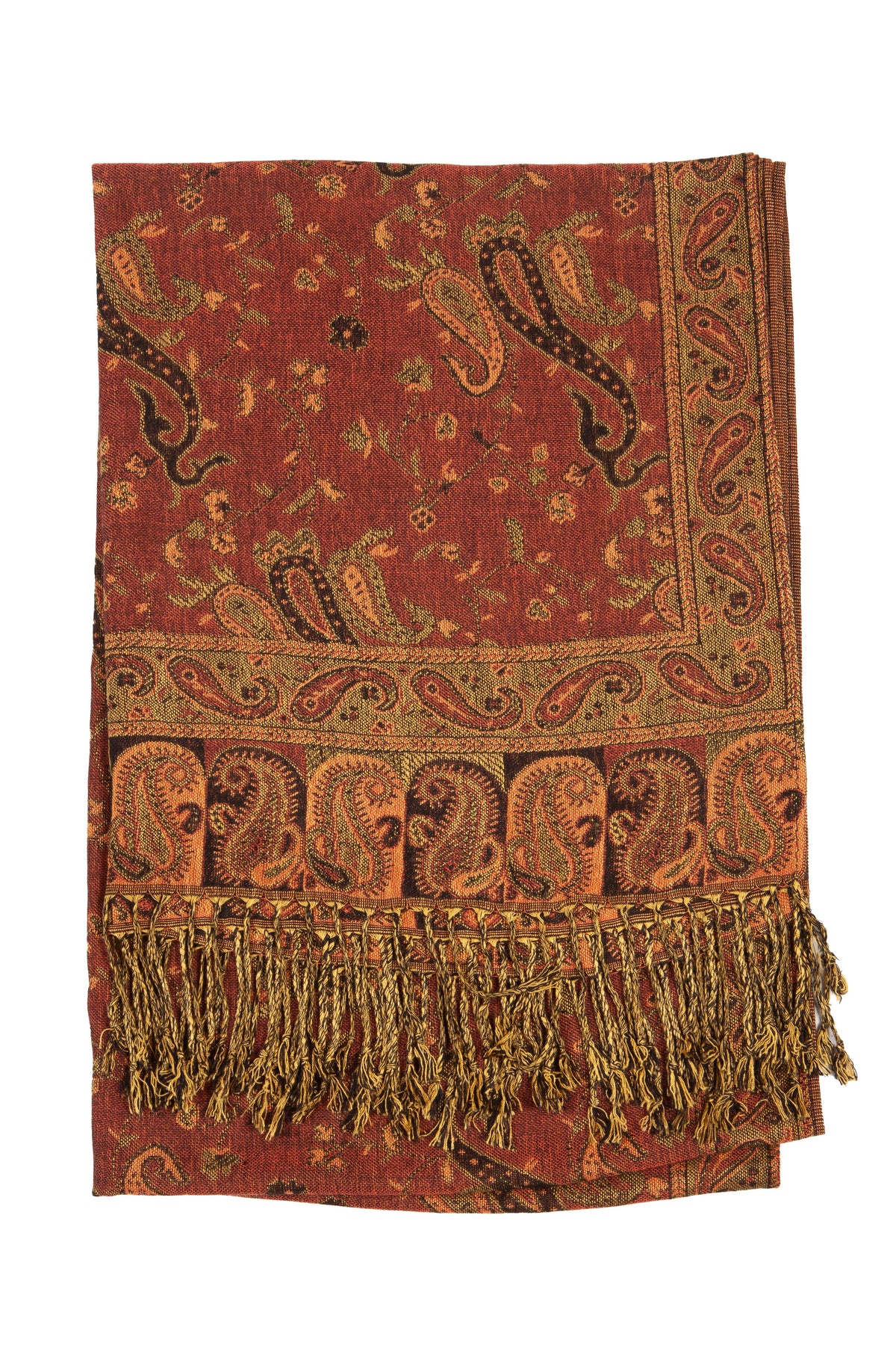 Sakkas paisley pashmina shawl, rust-brown with tassel fringe along the hem