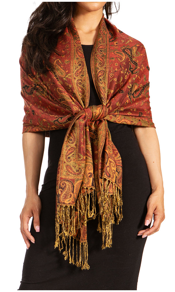 Rust and orange paisley pashmina shawl/wrap with fringe, tied at the front
