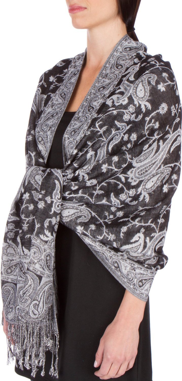 Black and white paisley jacquard pashmina shawl with fringed ends, double-layer wrap.