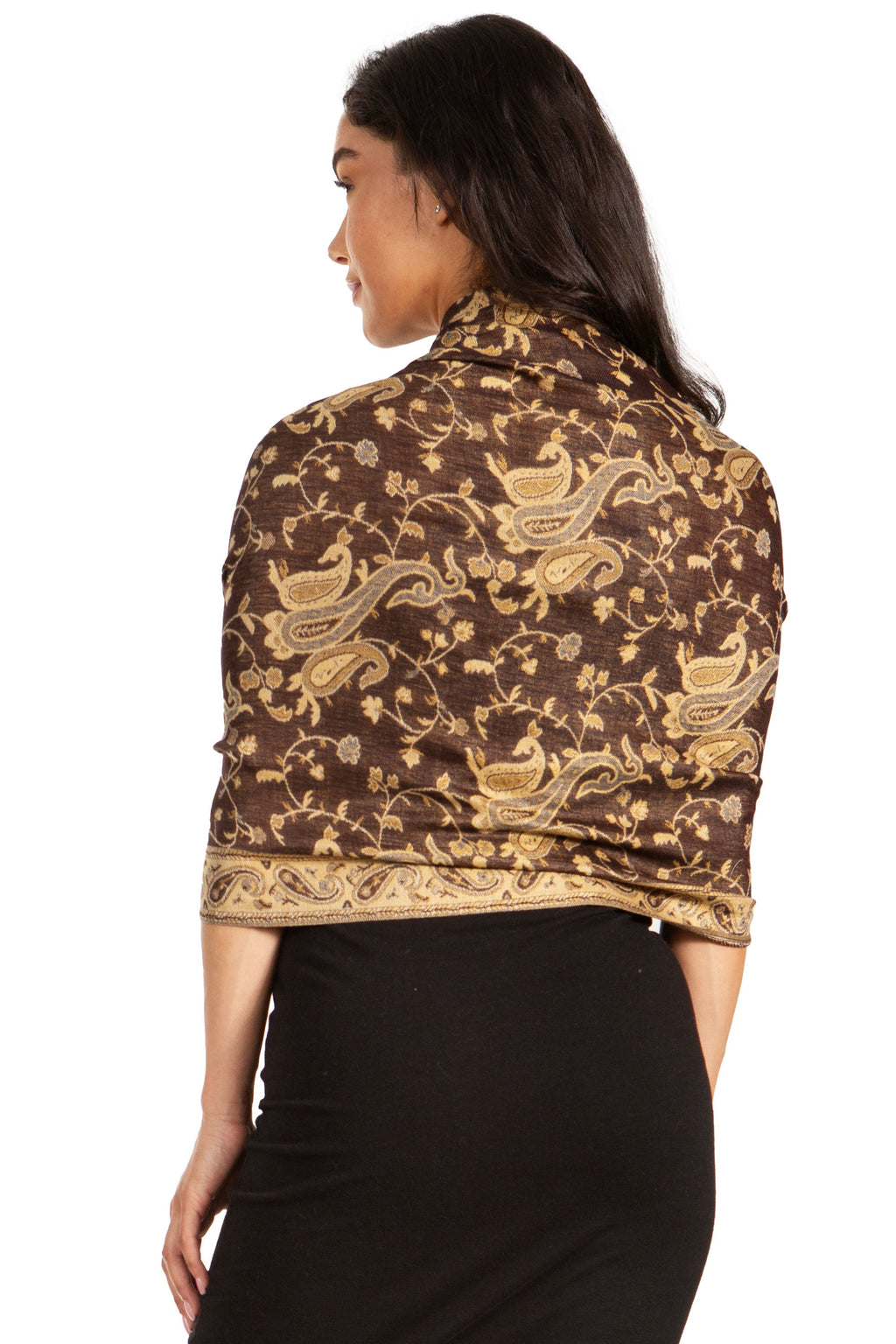 Brown and gold paisley pashmina shawl wrap with fringe, shown from the back