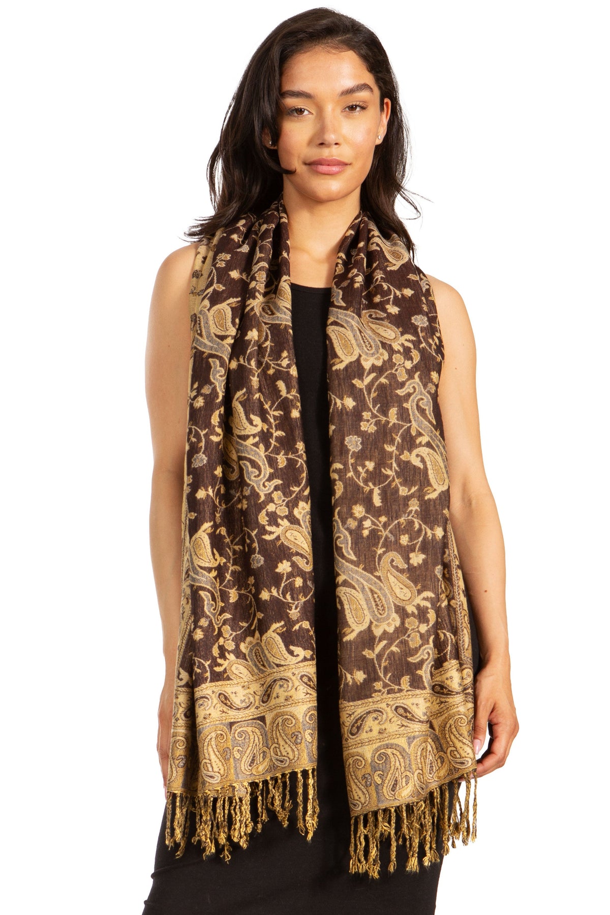 Brown paisley pashmina shawl with gold accents and fringe trim, sleeveless drape