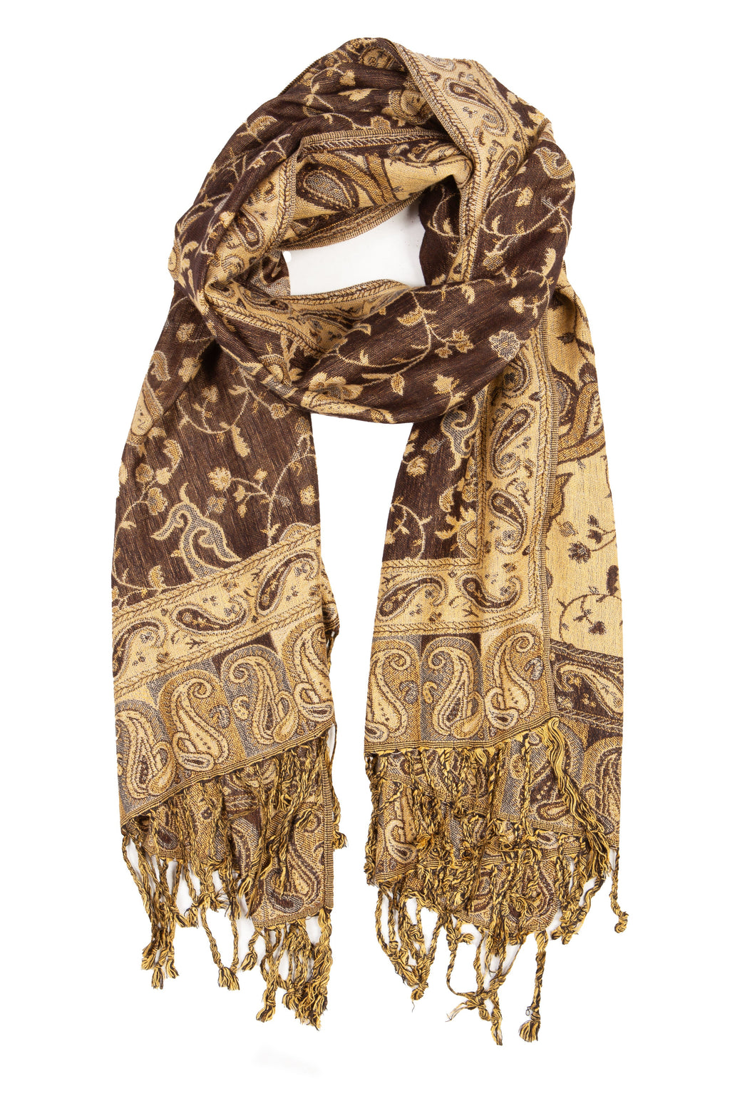 Brown and gold paisley pashmina shawl with fringe tassels, folded for display