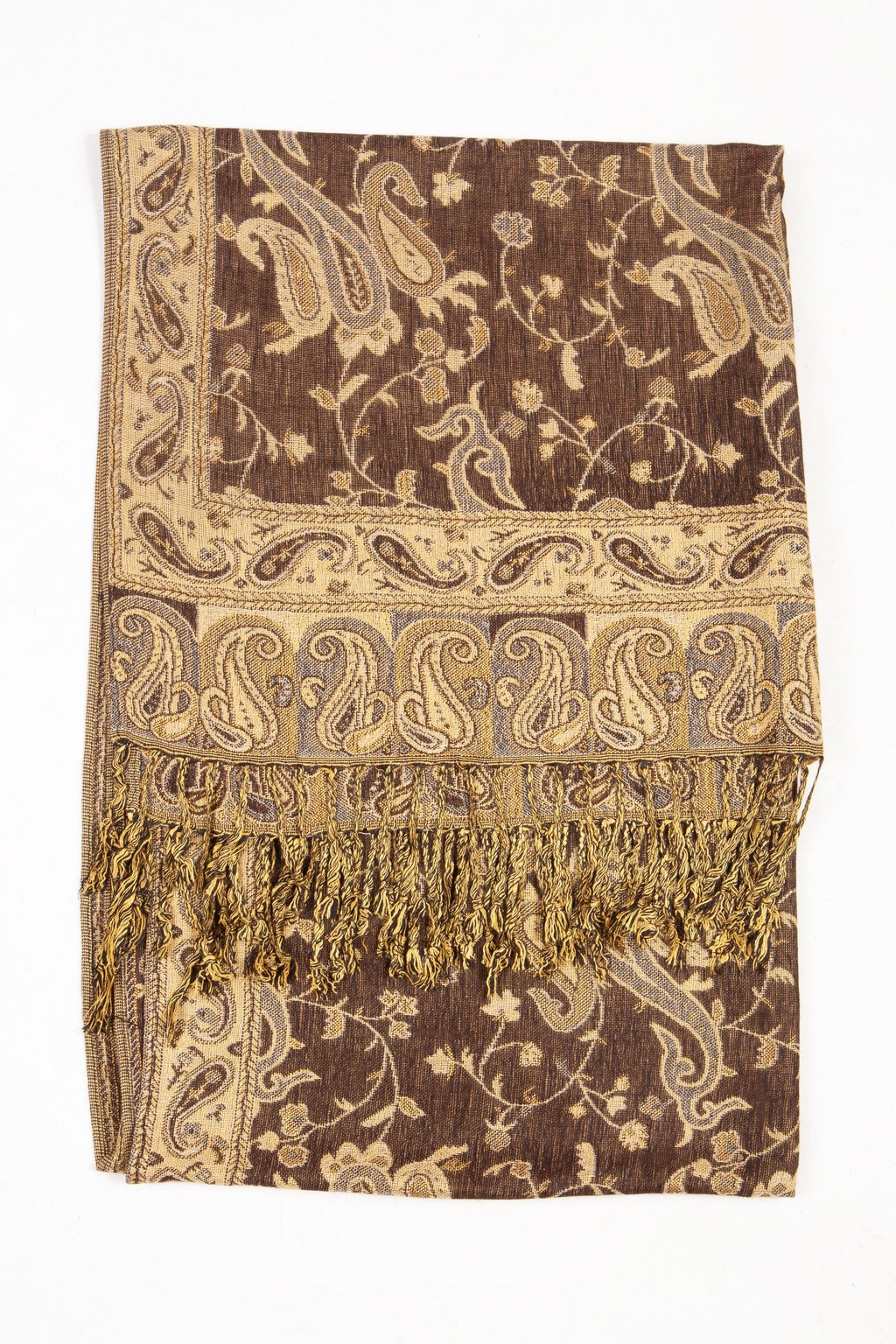 Brown paisley jacquard pashmina shawl with gold border and fringe, flat view
