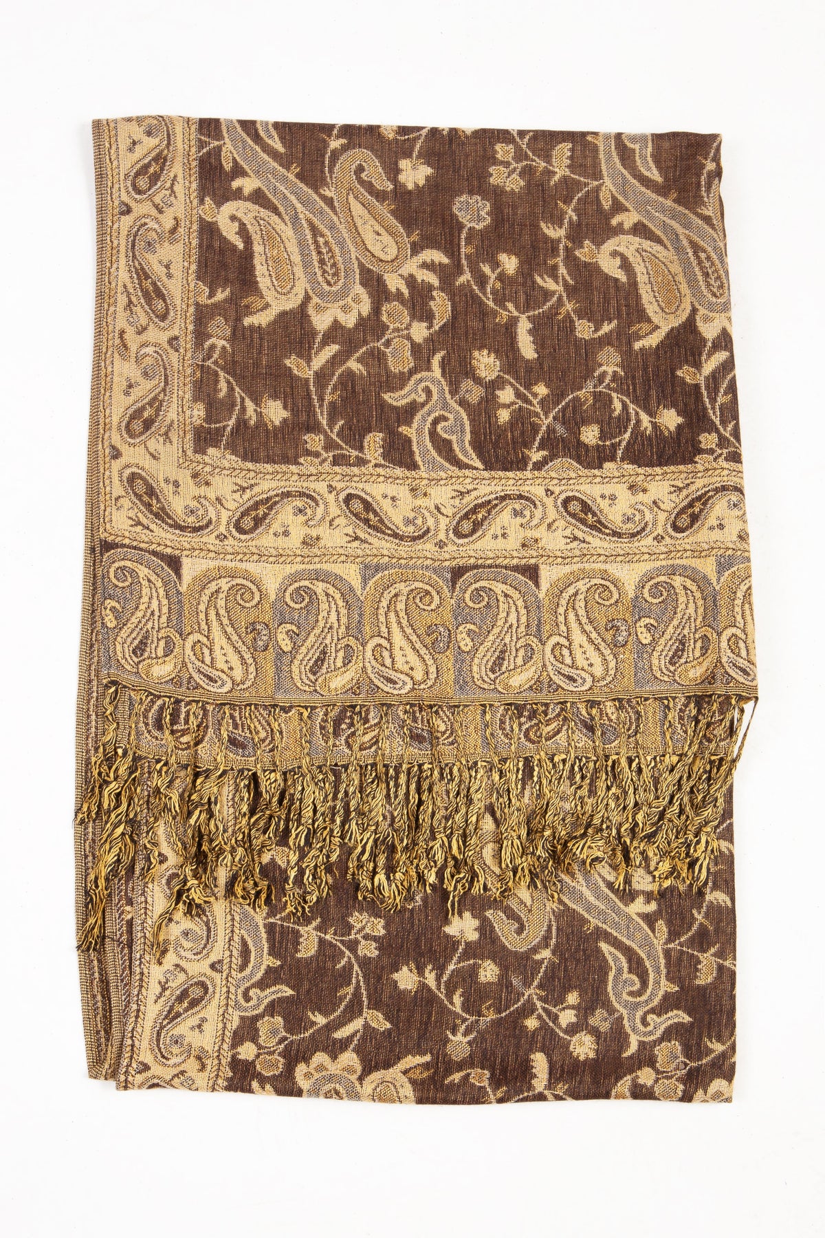 Brown paisley jacquard pashmina shawl with gold border and fringe, flat view