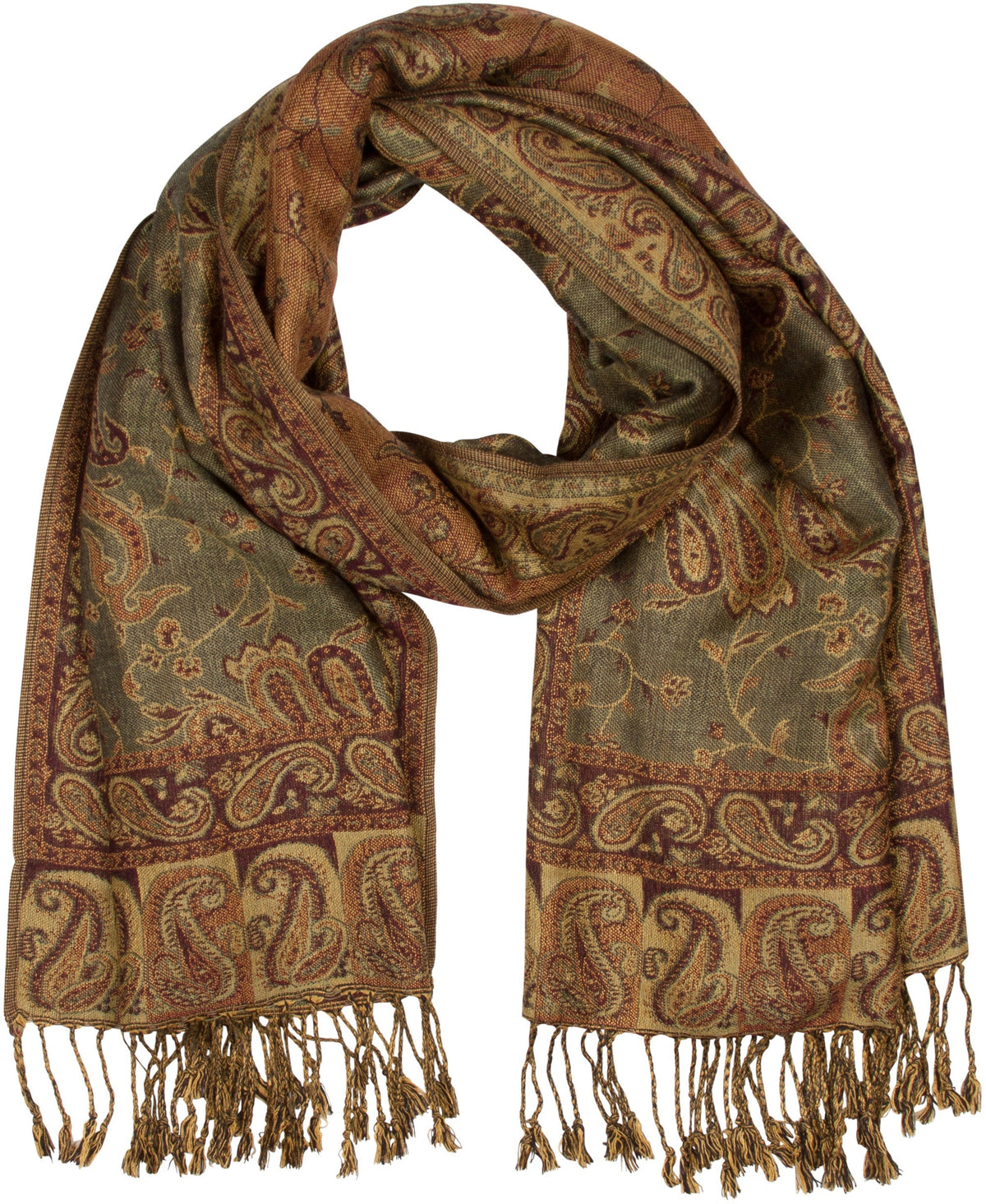 Olive and brown paisley jacquard pashmina stole with fringed ends, looped for display.