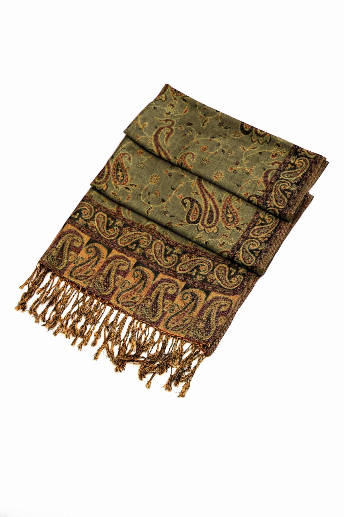 Olive green jacquard paisley pashmina wrap with gold accents and fringe ends