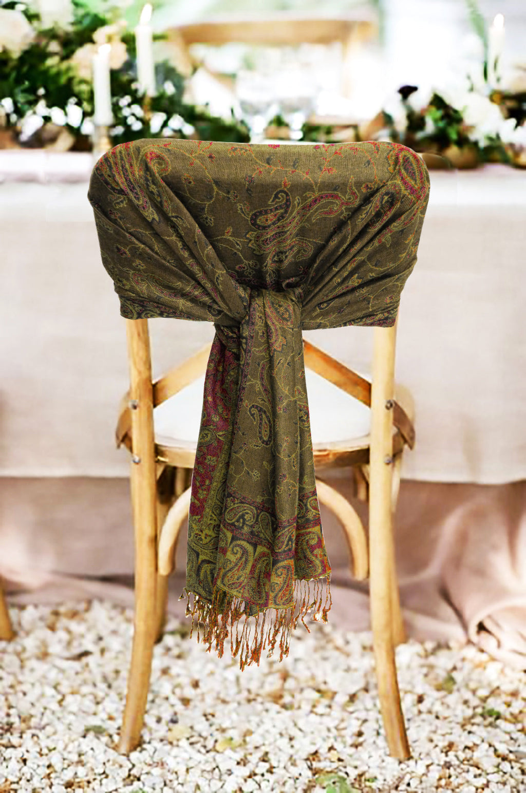 Olive green paisley pashmina wrap with gold pattern and long fringe