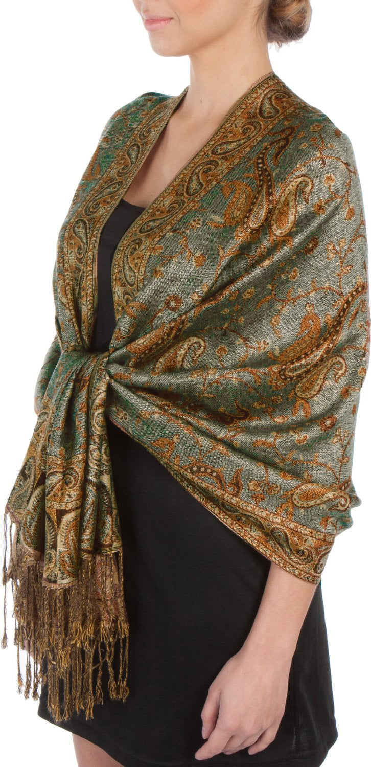 Green paisley jacquard pashmina shawl with gold-toned details and fringes, side drape.