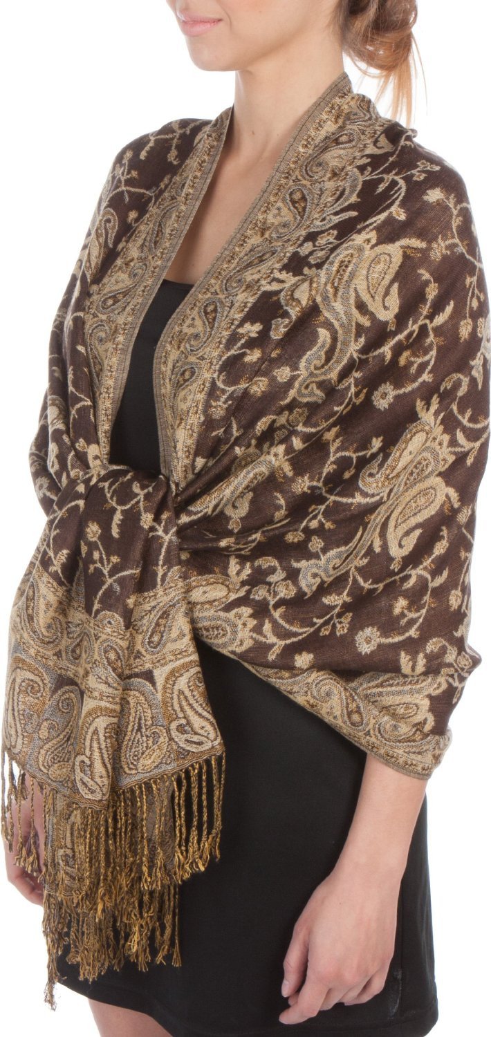 Dark brown paisley pashmina shawl with gold motifs and fringed hem