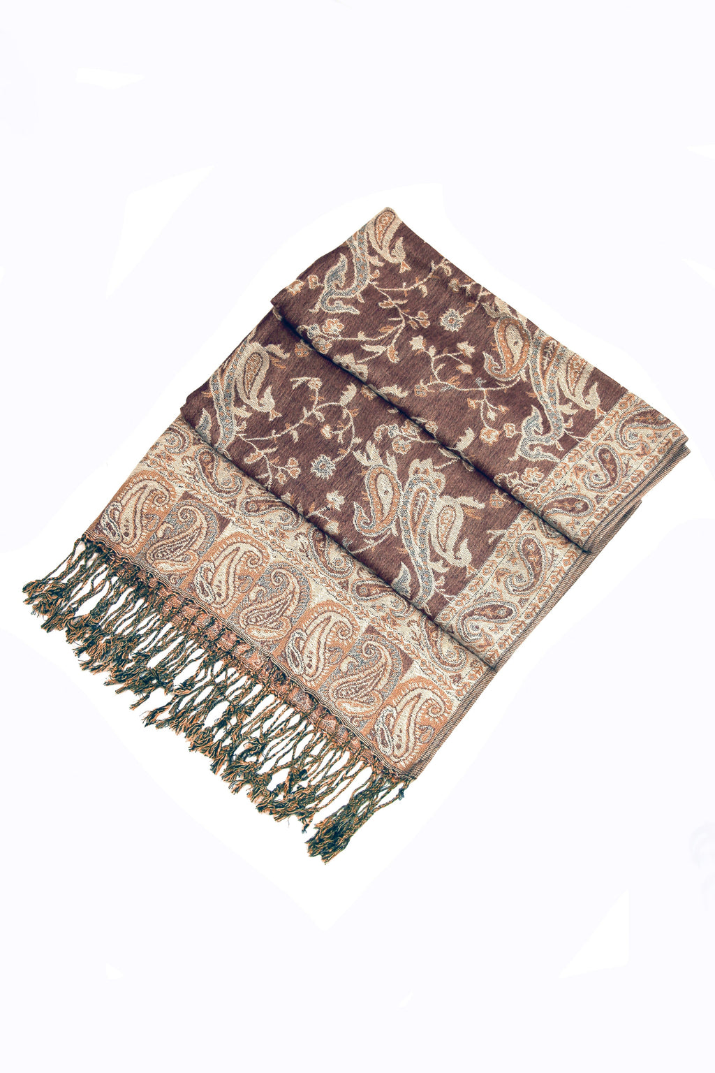 Dark brown paisley pashmina wrap with tan motifs and fringed border