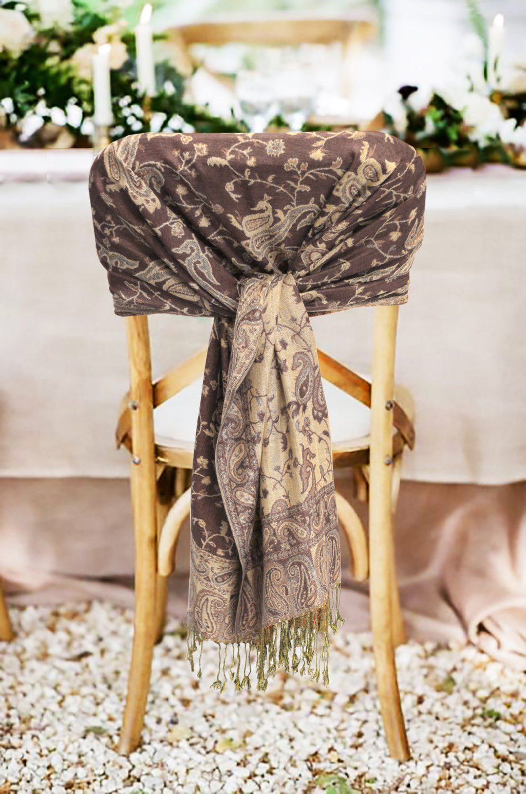 Brown paisley pashmina wrap with tan-gold motifs and fringed ends