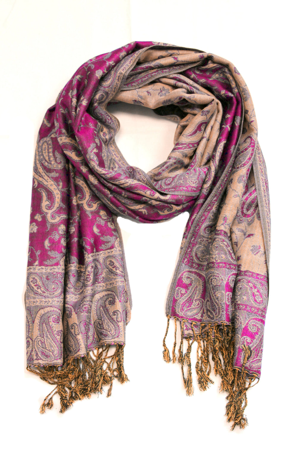 Burgundy and taupe paisley pashmina wrap with gold fringes