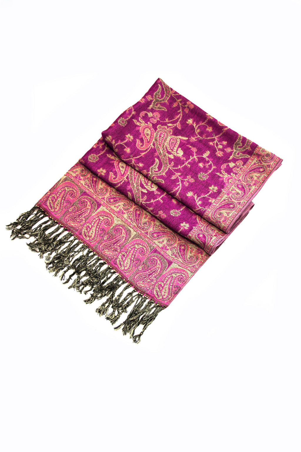 Burgundy paisley pashmina shawl folded with decorative border and short fringed edge