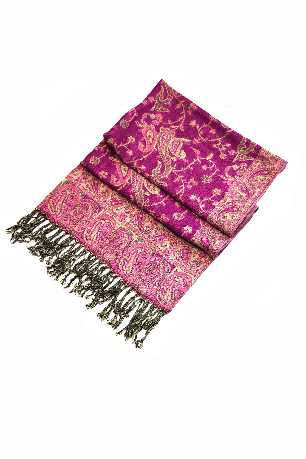 Burgundy paisley pashmina shawl folded with decorative border and short fringed edge