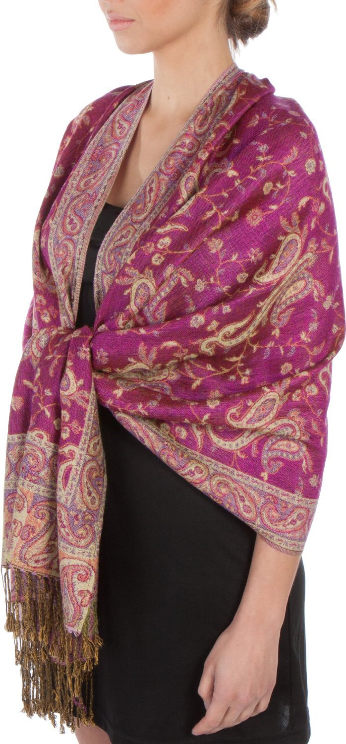 Burgundy paisley double-layer pashmina shawl with gold-tone accents and fringed ends