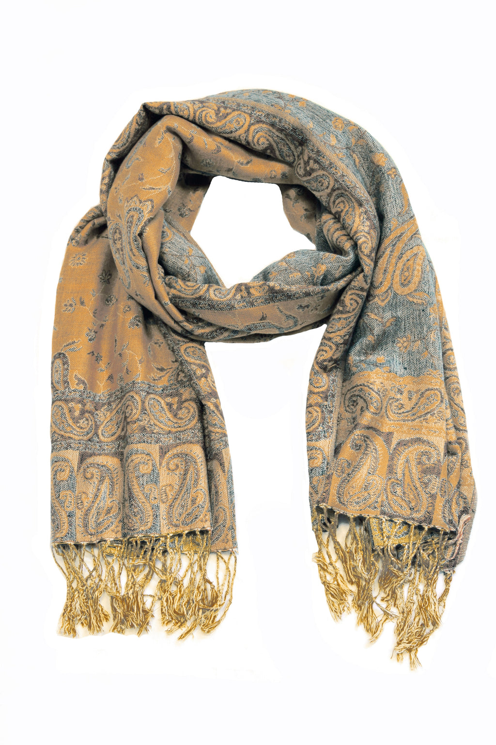 Steel-blue paisley pashmina shawl with gold fringes and soft drape
