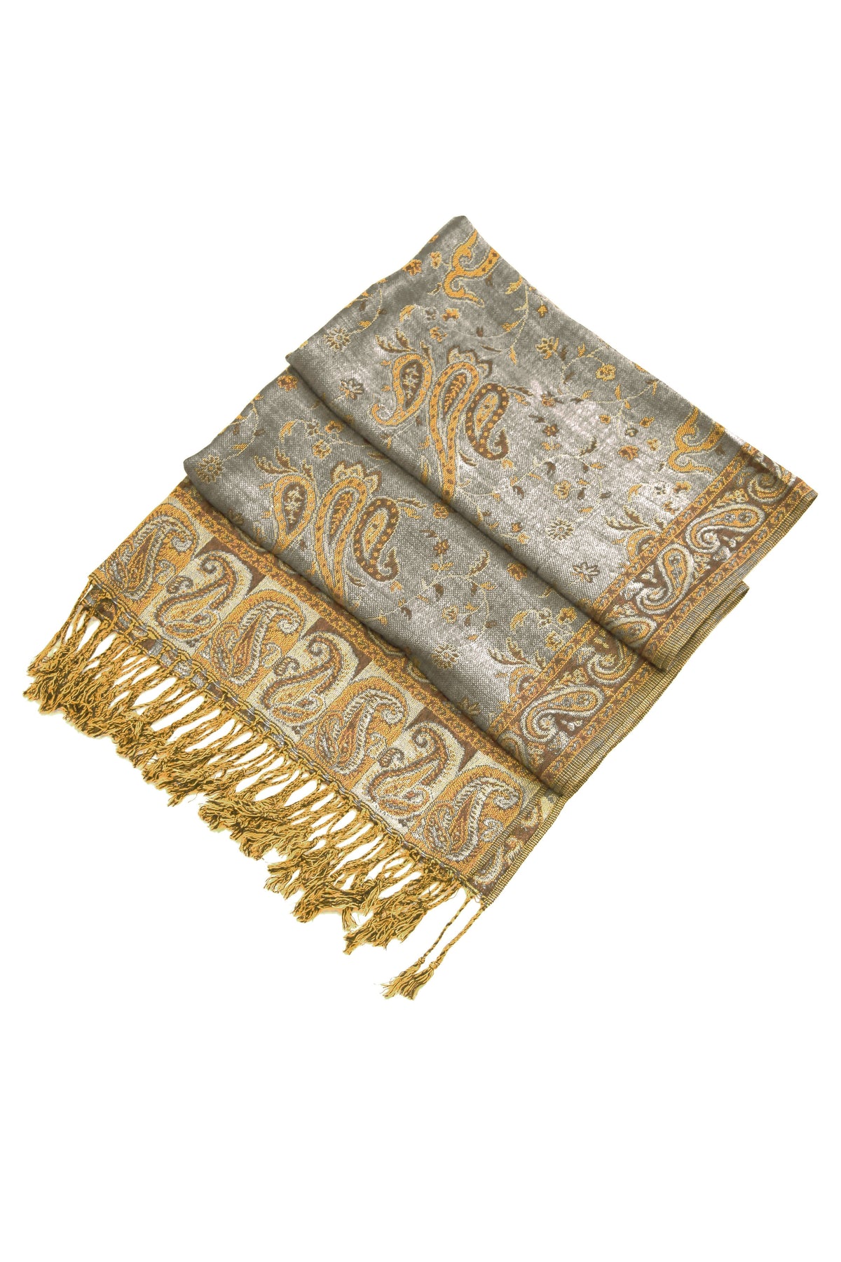 Grey paisley pashmina shawl with gold accents and fringed border