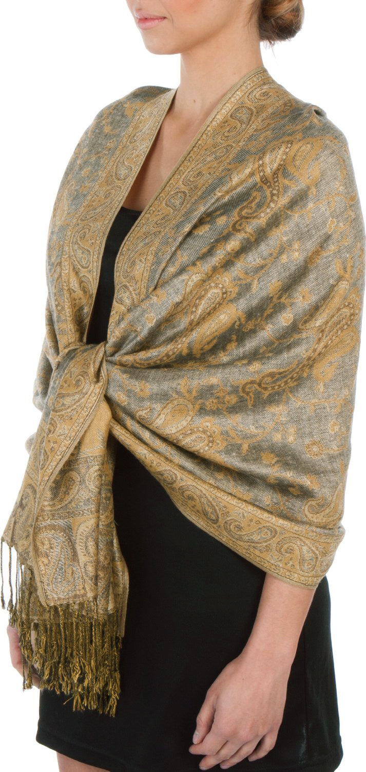 Olive-gold paisley double-layer pashmina shawl with fringed edge