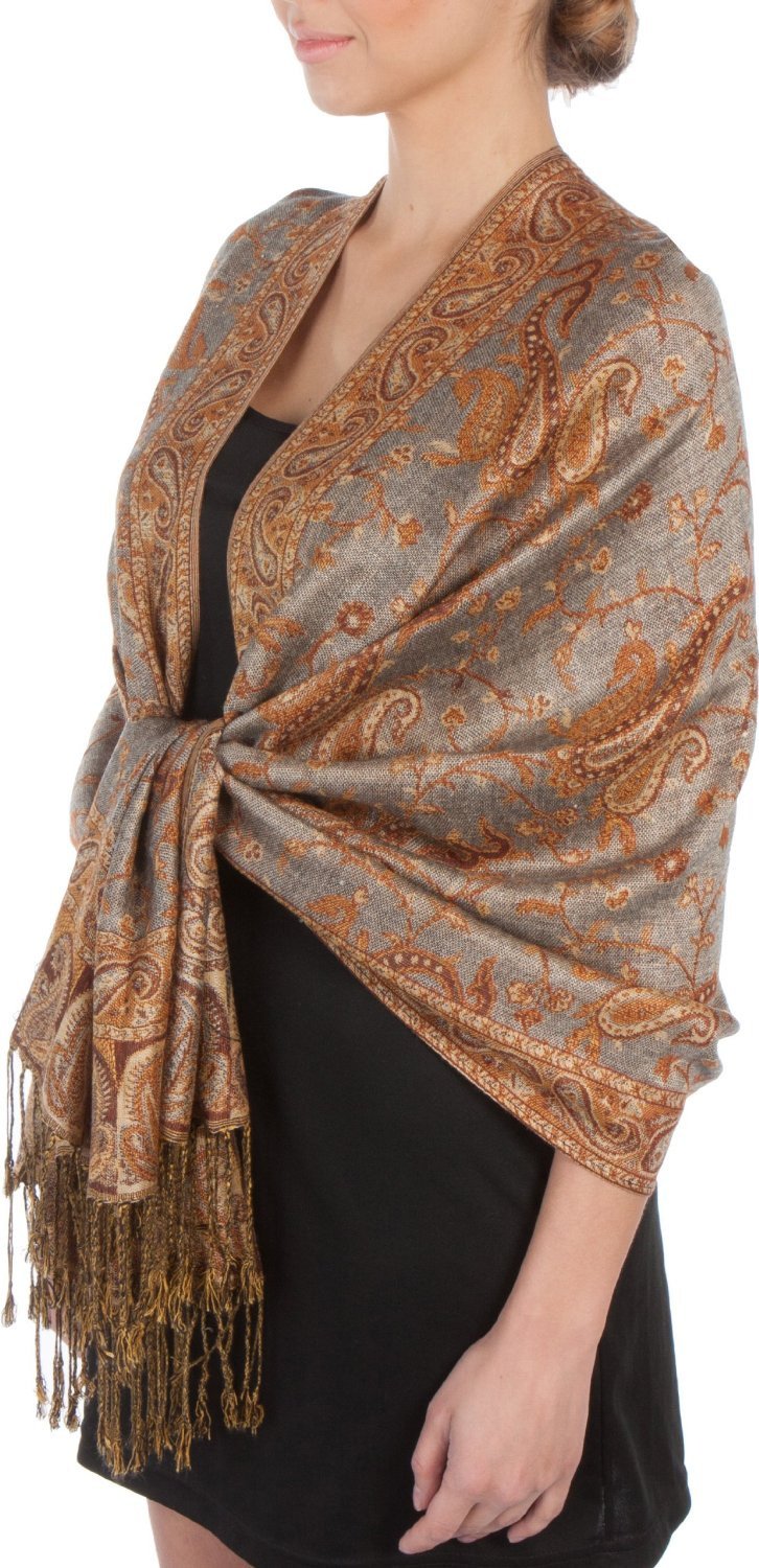 Rust-brown paisley pashmina shawl with gold fringed border