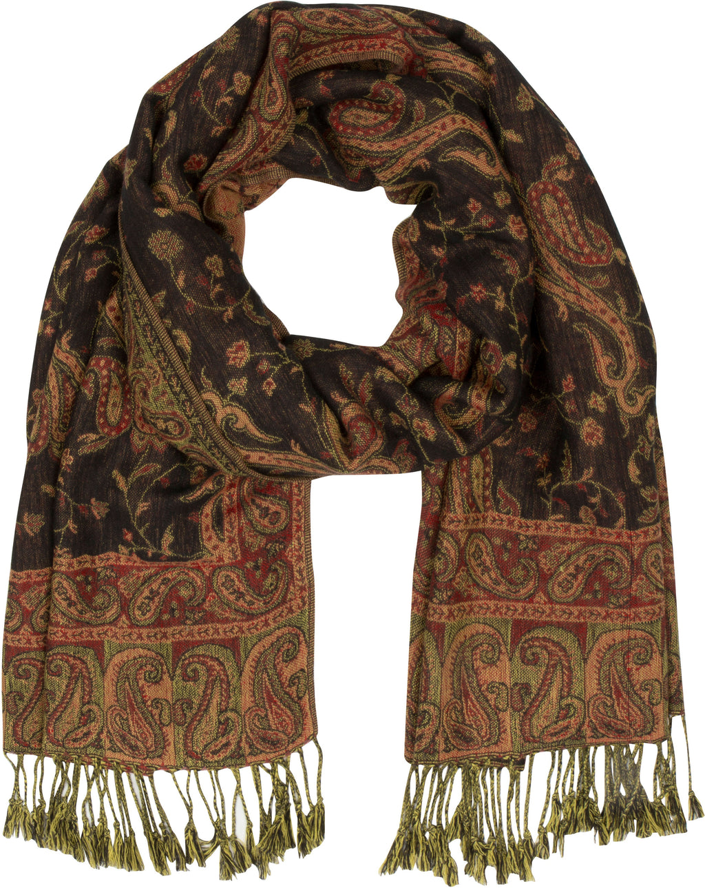 Paisley pashmina shawl in dark olive and rust tones with gold fringe hem